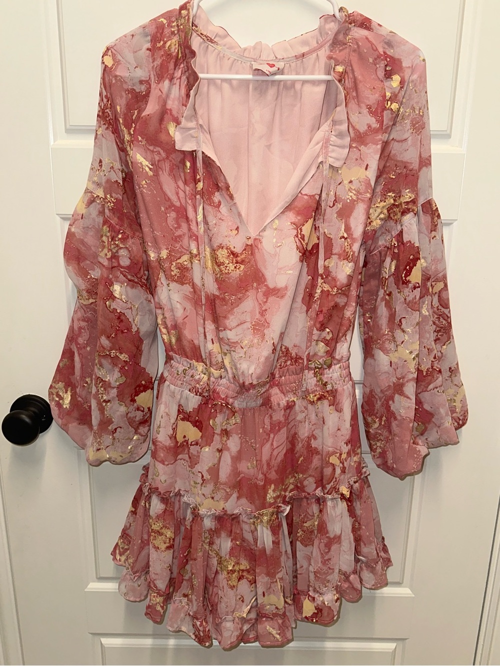 Buddy Love Pink Marble Print Ruffle V-Neck Dress with Gold Accents